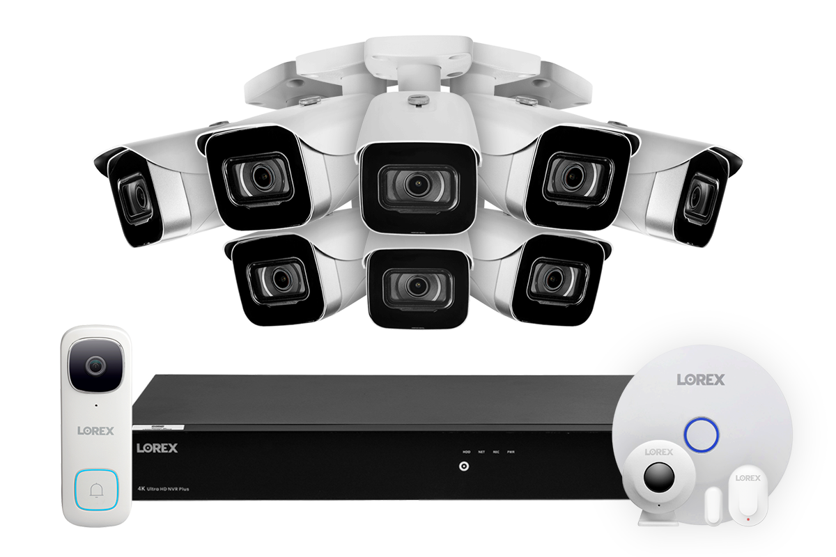 Lorex Fusion 4K (16 Camera Capable) 3TB Wired NVR System with 8 IP Bullet Cameras, One 2K Video Doorbell and Smart Sensor Kit