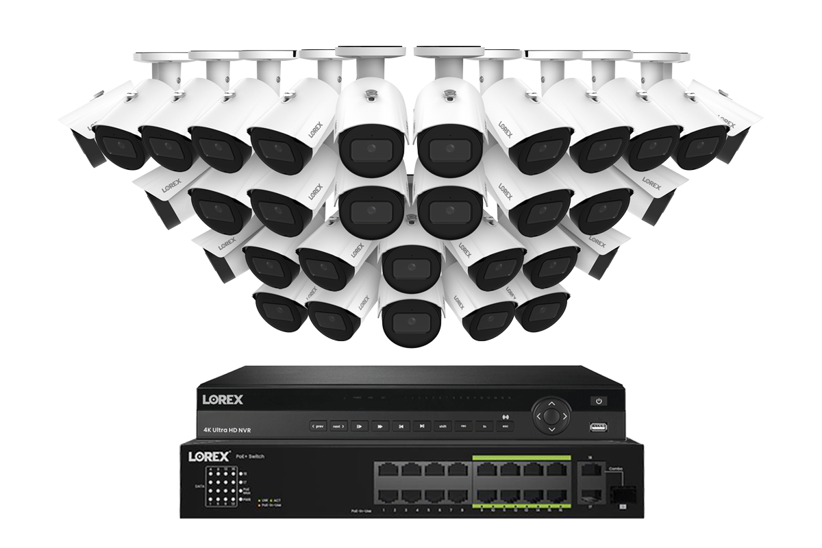 Lorex NVR with A20 (Aurora Series) IP Bullet Cameras - 4K 32-Channel 8TB Wired System - White 32