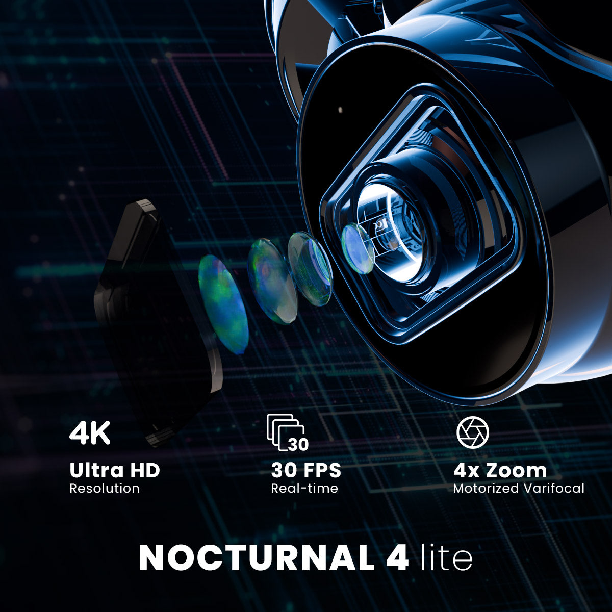 Caméra de sécurité IP filaire Nocturnal Series N4 Lite 4K avec objectif varifocal motorisé et enregistrement en temps réel à 30 images par seconde