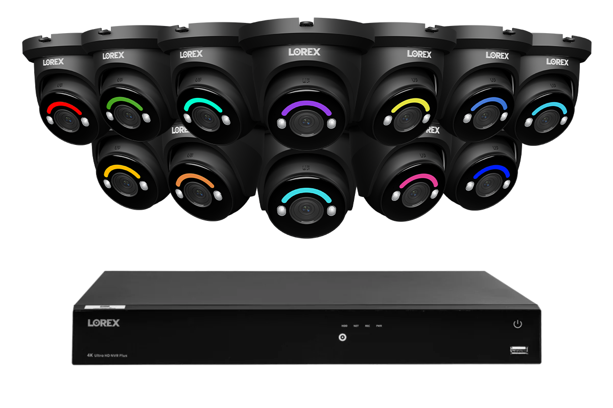 Système NVR filaire Lorex Fusion Series 4K compatible avec 16 caméras (filaire ou Wi-Fi Fusion) et 6 To avec 2 caméras dôme IP 4K filaires H12