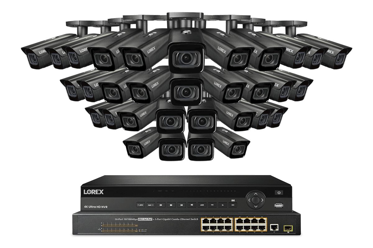 Lorex 4K 32-Channel 8TB Wired NVR System with Nocturnal 4 Smart IP Bullet Cameras Featuring Motorized Varifocal Lens, Vandal Resistant and 30FPS Recording