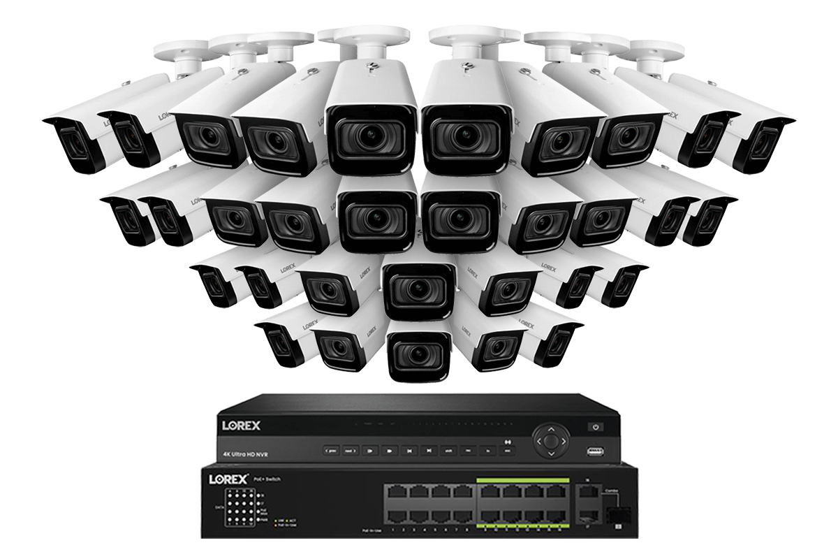 Lorex 4K (32 Camera Capable) 8TB Wired NVR System with Nocturnal 3 32 White Smart IP Bullet Cameras Featuring Motorized Varifocal Lens and 30FPS Recording