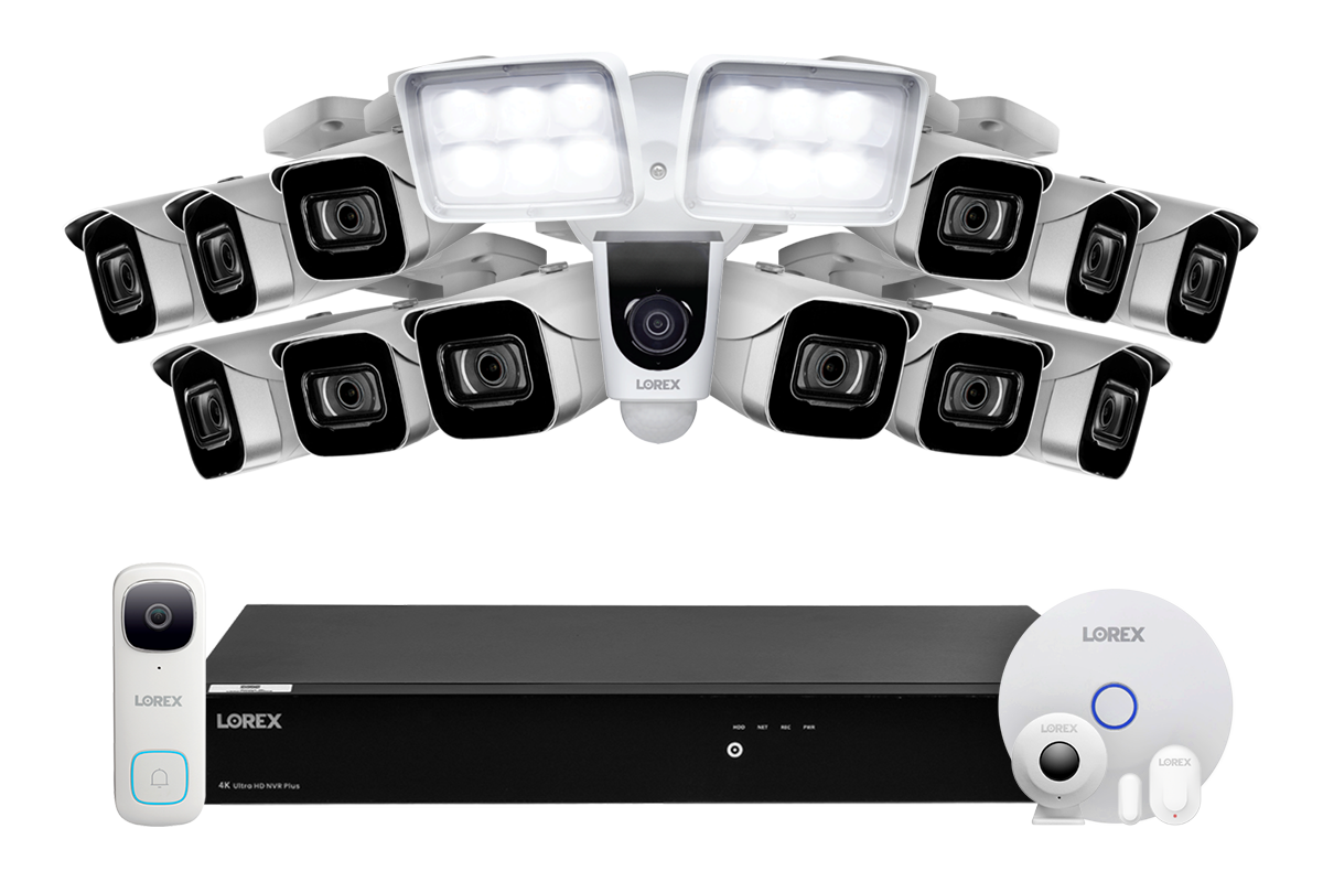 Lorex Fusion 4K (16 Camera Capable) 3TB Wired NVR System with 12 IP Bullet Cameras, One 2K Video Doorbell, One 1080P Floodlight and Smart Sensor Kit
