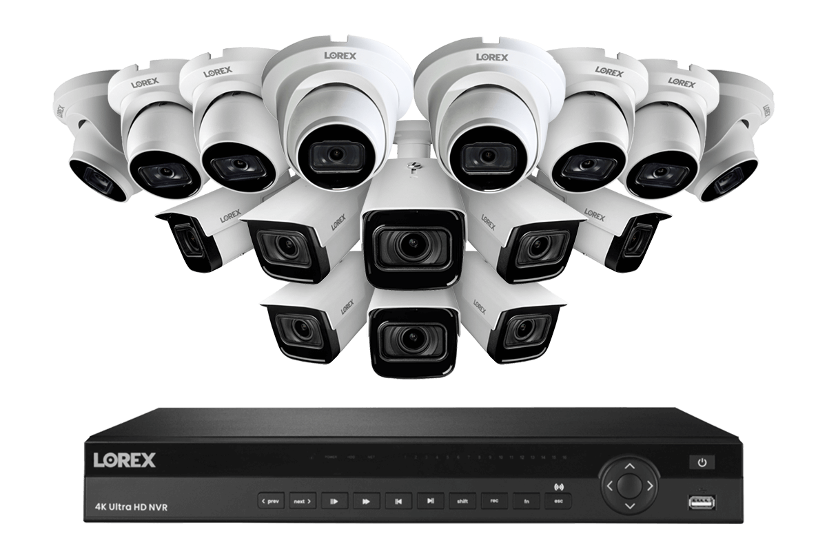 Lorex Nocturnal 4K 16-Channel 4TB Wired NVR System with 8 Smart IP Bullet Cameras and 8 Smart IP Dome Cameras, 30FPS Recording and Listen In Audio - White