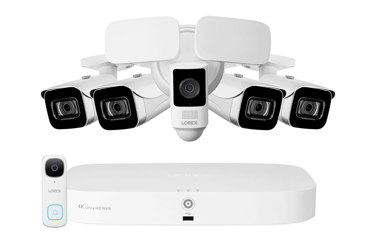 Lorex Fusion 4K 16 Camera Capable (8 Wired + 8 Wi-Fi) 2TB NVR System with 4 IP Bullet Cameras, One 2K Battery Operated Doorbell, and One 2K Floodlight - White
