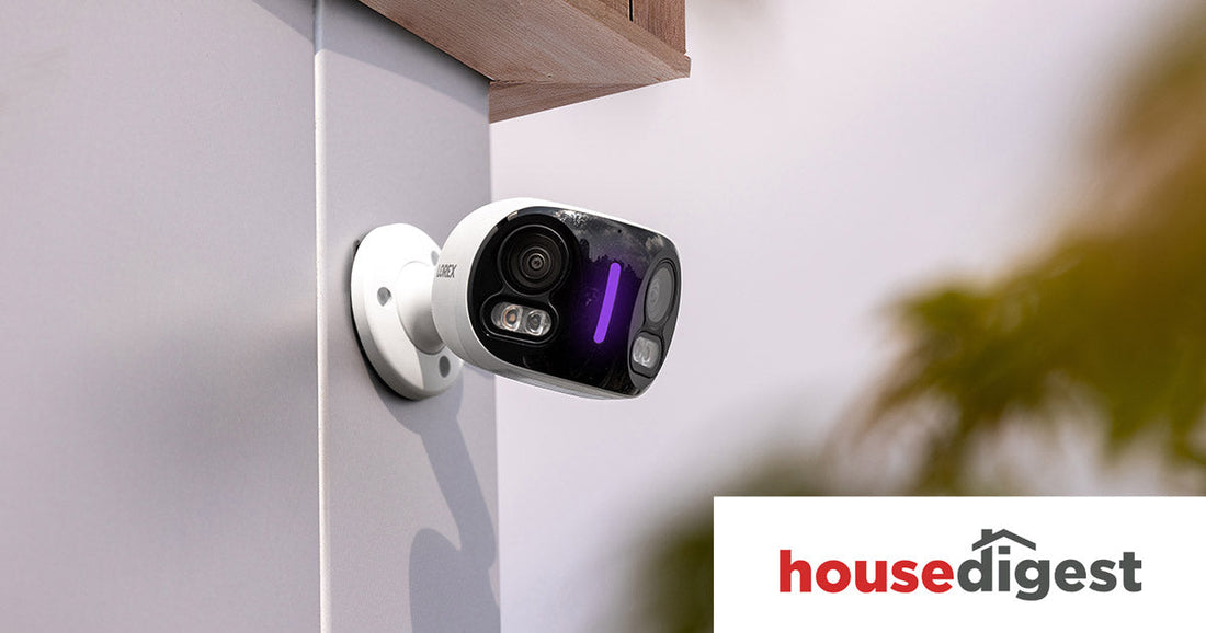 Dual Lens Security Camera on exterior home wall with House Digest logo 