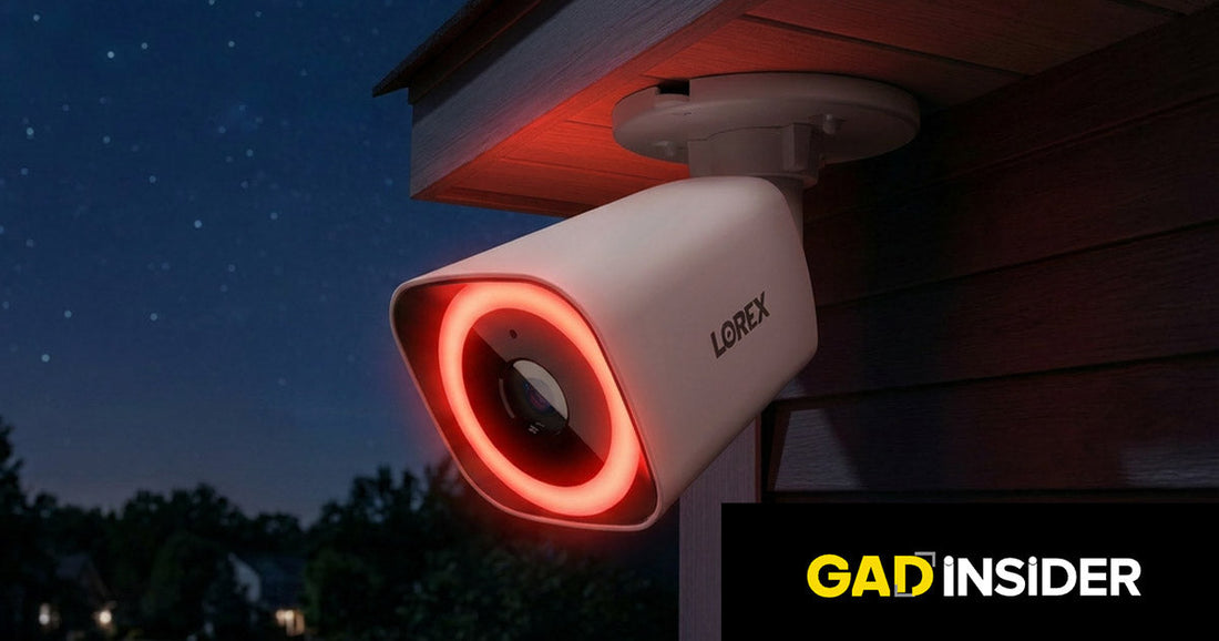 lorex security camera over garage with red smart security lighting