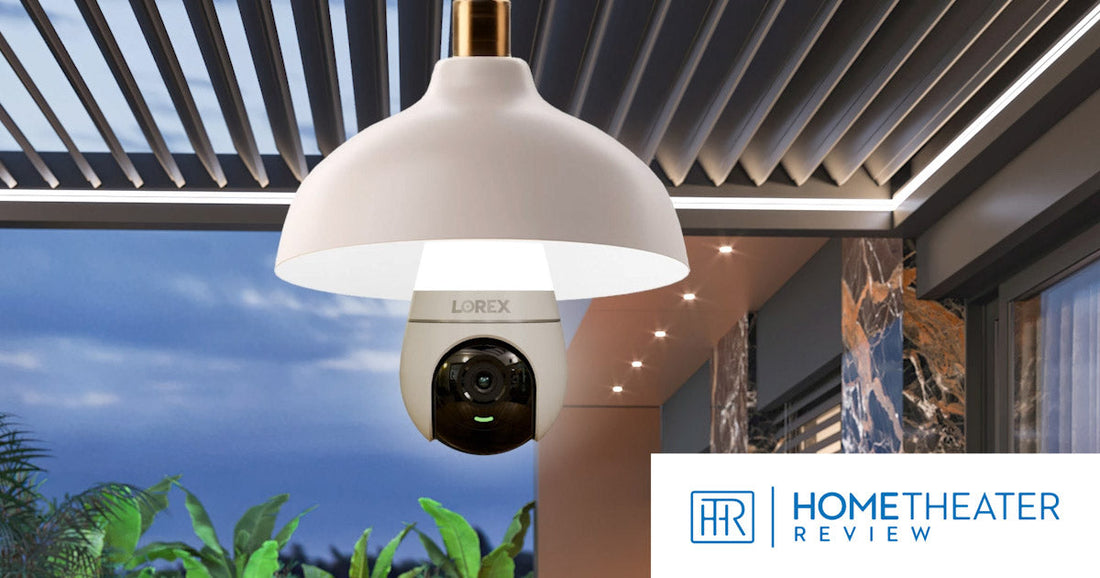 Lorex lightbulb Wi-Fi camera hanging from a lamp on an exterior porch