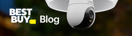 Lorex 2K Wi-Fi lightbulb security camera shown in an outdoor light fixture next to the Best Buy Blog logo, highlighting smart home surveillance solutions.