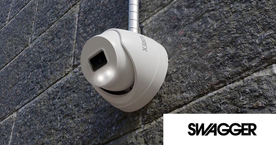 Lorex Connect T Series turret security camera mounted on a stone wall, featured in SWAGGER Magazine