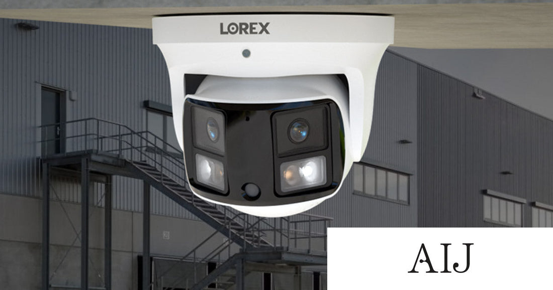 Lorex Connect X3 dual-lens panoramic AI security camera installed outside a commercial building, featured in AI Journal's coverage of AI-powered business security.