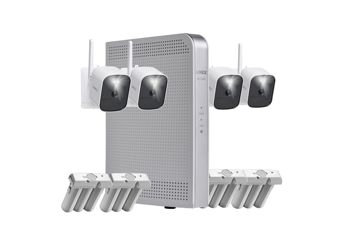 Lorex 4K NVR System with 4 White Battery-Operated Cameras with 4 Rechargeable Batteries