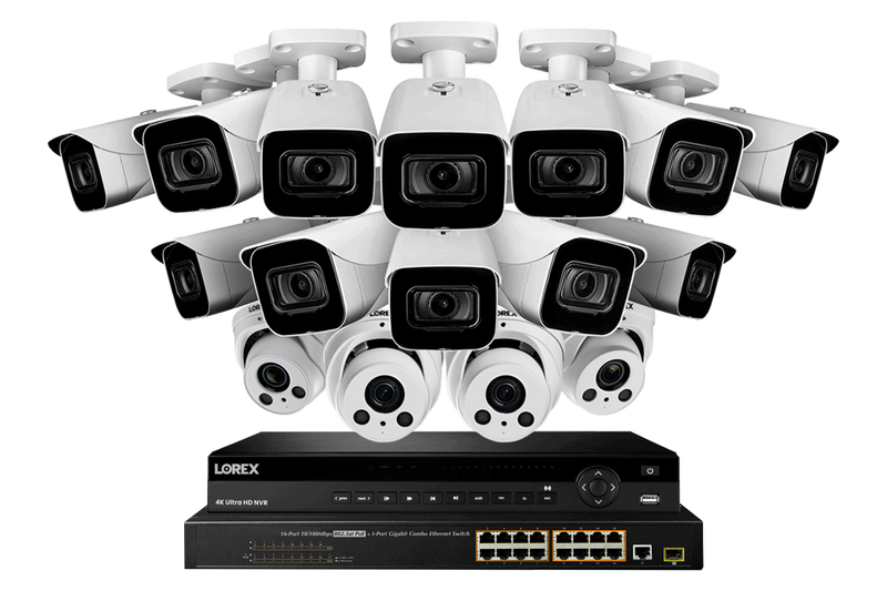 32 Channel IP Security Camera System with 12 4K Ultra HD Smart IP Bullet and 4 4K Motorized Varifocal Audio Dome Security Cameras.