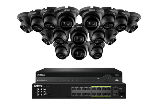 Lorex 4K (32 Camera Capable) 8TB Wired NVR System with Nocturnal 3 16 Black Smart IP Dome Cameras Featuring Listen-In Audio and 30FPS Recording