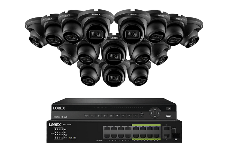 Lorex 4K (32 Camera Capable) 8TB Wired NVR System with Nocturnal 3 16 Black Smart IP Dome Cameras Featuring Listen-In Audio and 30FPS Recording
