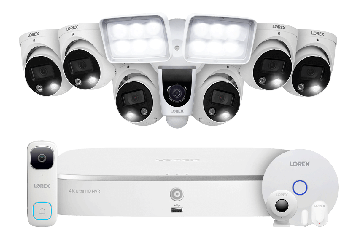Lorex Fusion 4K 16 Camera Capable (8 Wired + 8 Wi-Fi) 2TB NVR System with 6 Active Deterrence Dome Cameras, 2K Wired Doorbell, Sensor Kit and 1080P Floodlight