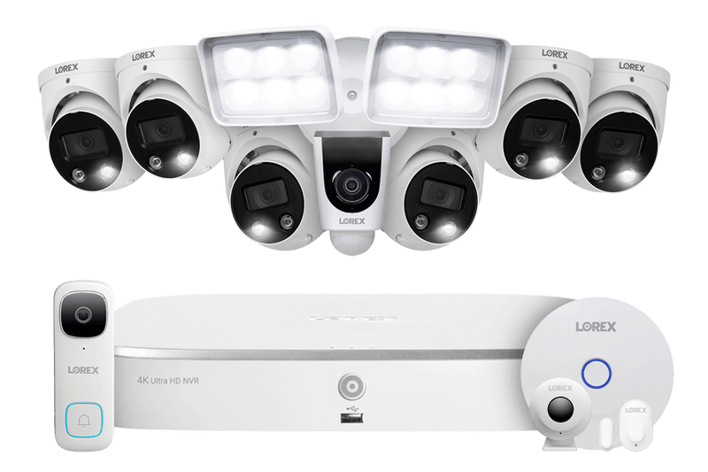 Lorex Fusion 4K 16 Camera Capable (8 Wired + 8 Wi-Fi) 2TB NVR System with 6 Active Deterrence Dome Cameras, 2K Wired Doorbell, Sensor Kit and 1080P Floodlight