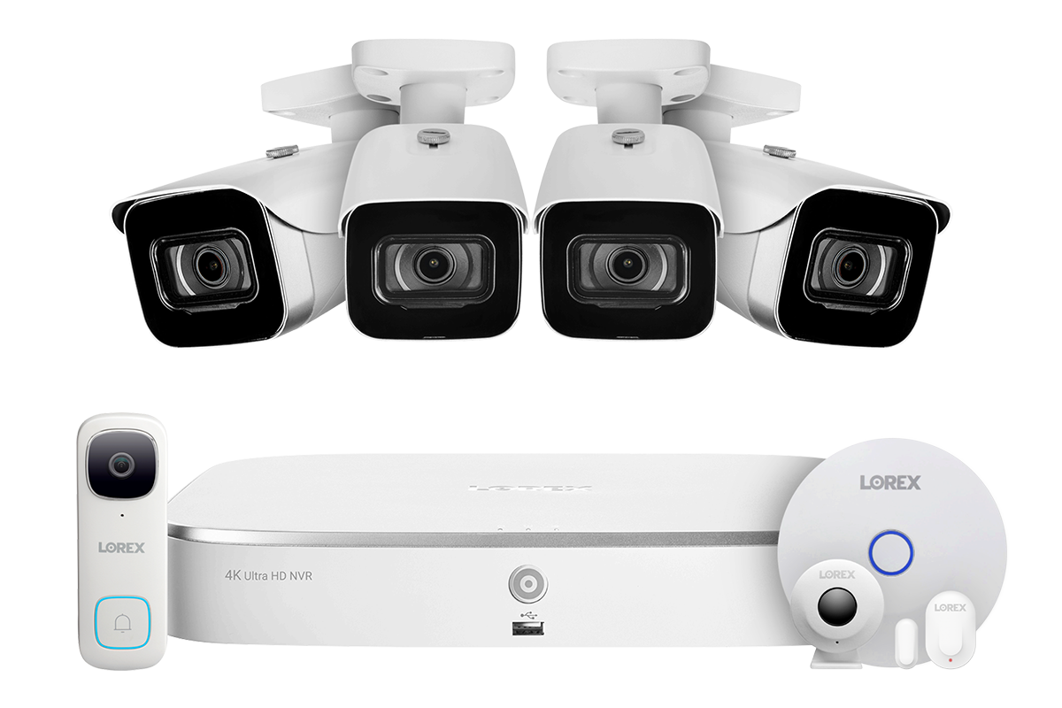 8-Channel NVR Fusion System with Four 4K (8MP) IP Cameras, 2K Wi-Fi Video Doorbell, and Smart Sensor Starter Kit