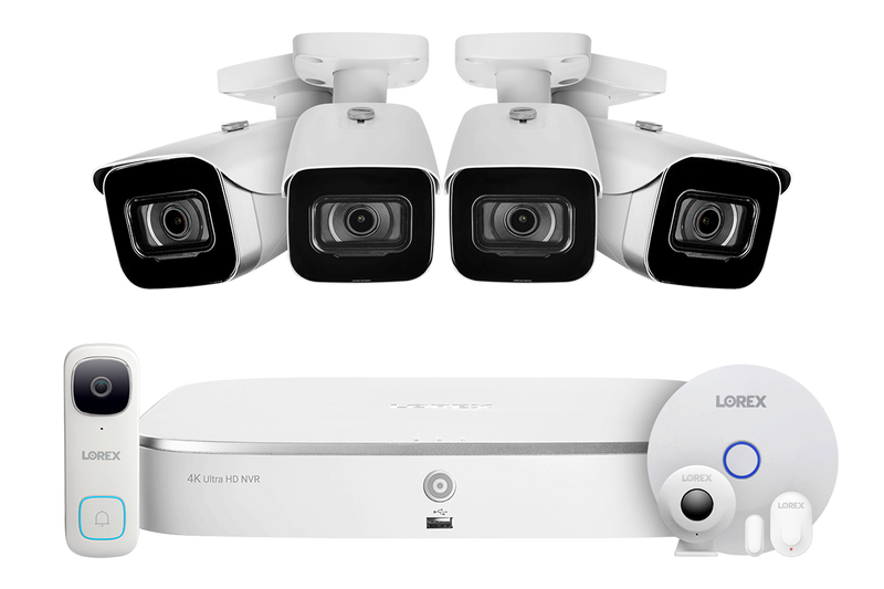8-Channel NVR Fusion System with Four 4K (8MP) IP Cameras, 2K Wi-Fi Video Doorbell, and Smart Sensor Starter Kit