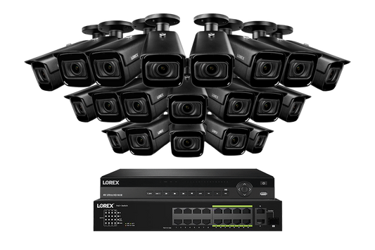 Lorex 4K (32 Camera Capable) 8TB Wired NVR System with Nocturnal 3 20 Black Smart IP Bullet Cameras Featuring Motorized Varifocal Lens and 30FPS Recording