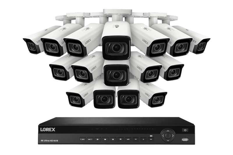 Lorex 4K (16 Camera Capable) 4TB Wired NVR System with Nocturnal 4 Smart IP Bullet Cameras Featuring Motorized Varifocal Lens, Vandal Resistant and 30FPS - White 16