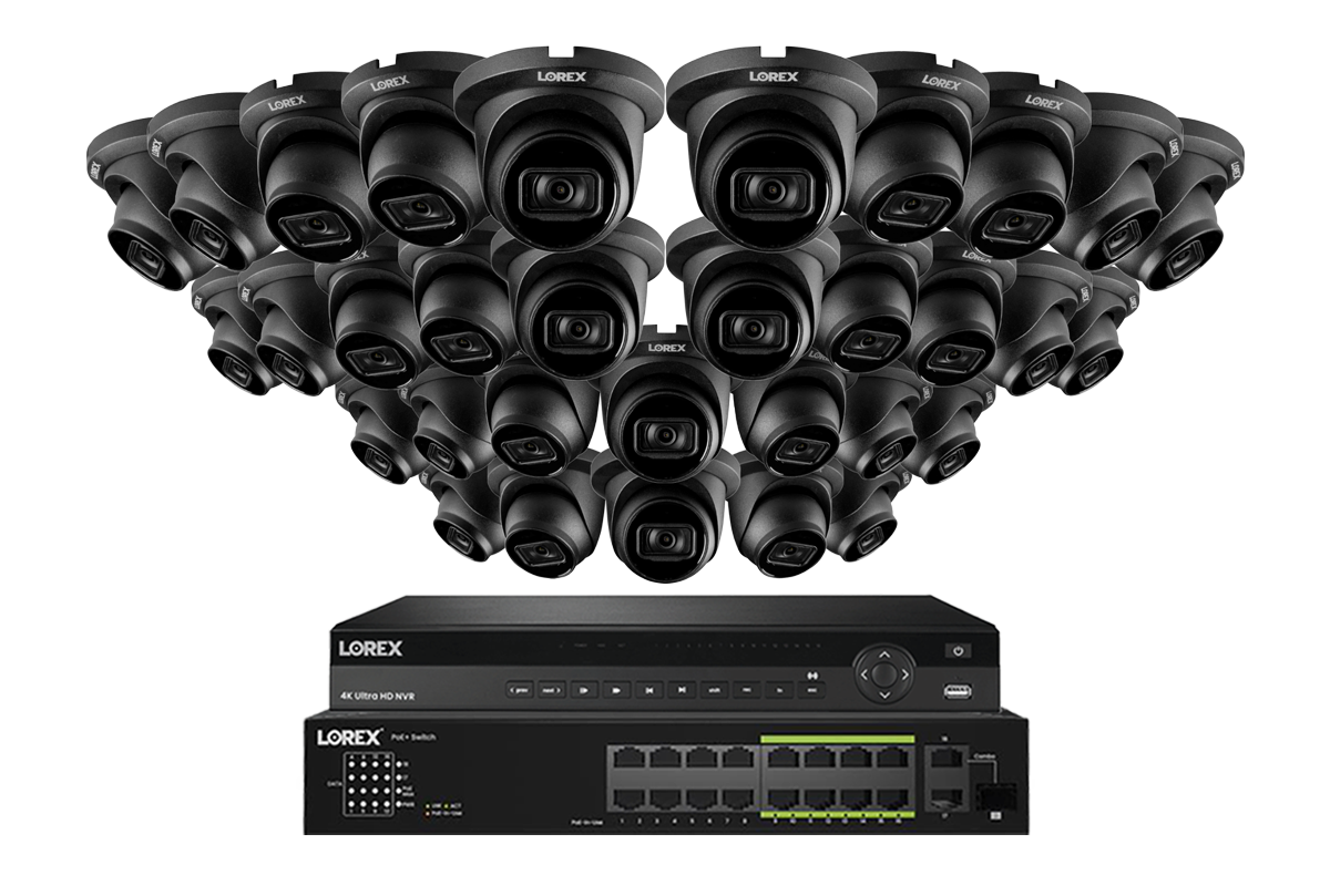 Lorex 4K (32 Camera Capable) 8TB Wired NVR System with Nocturnal 3 32 Black Smart IP Dome Cameras Featuring Listen-In Audio and 30FPS Recording
