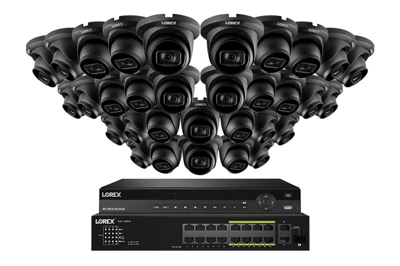 Lorex 4K (32 Camera Capable) 8TB Wired NVR System with Nocturnal 3 32 Black Smart IP Dome Cameras Featuring Listen-In Audio and 30FPS Recording
