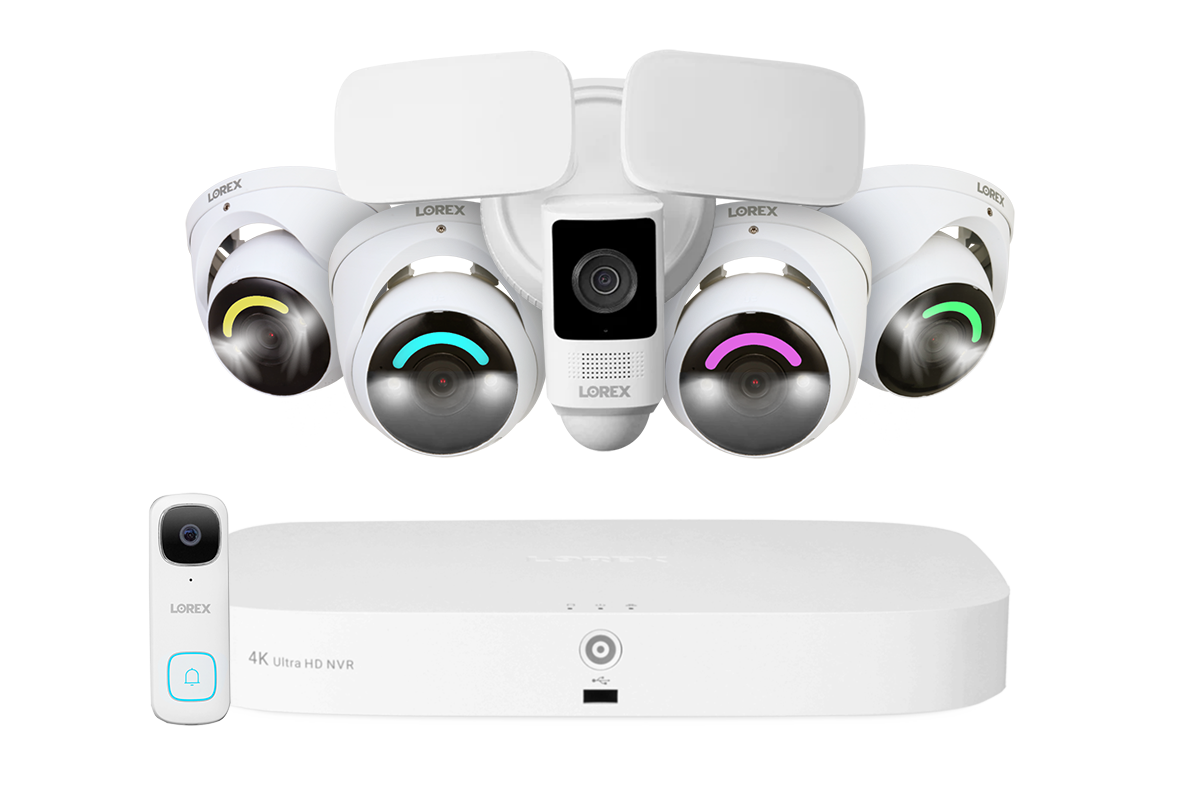 Lorex Fusion 4K 16 Camera Capable (8 Wired + 8 Wi-Fi) 2TB NVR System with 4 Smart Security Lighting Dome Cameras, One 2K Wired Doorbell, and One 2K Floodlight
