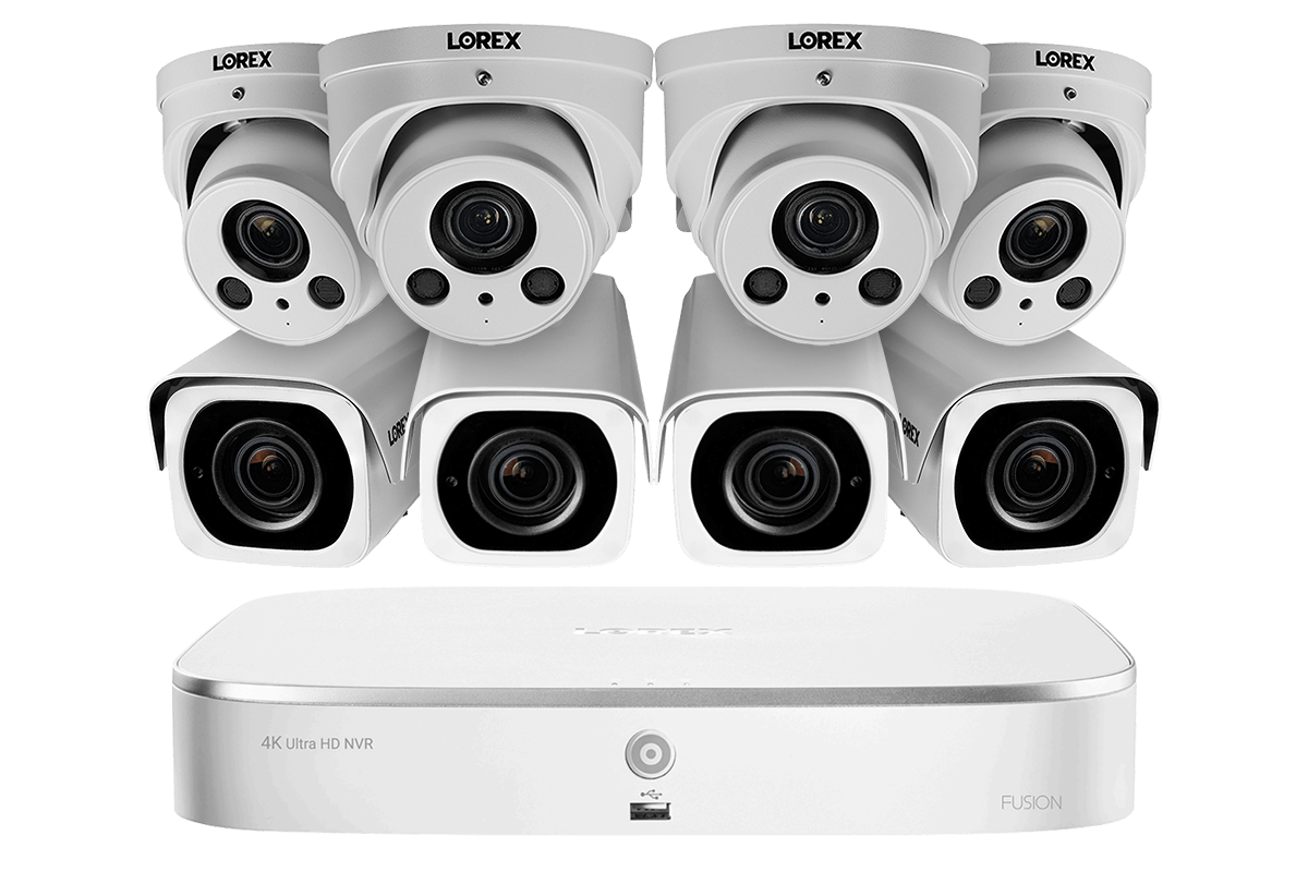 4K Nocturnal IP NVR System with Four Outdoor 4K (8MP) IP Bullet and Four 4K Audio Dome Cameras, 4x Optical Zoom and 250FT Night Vision
