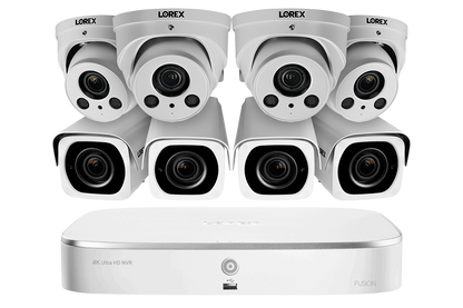 4K Nocturnal IP NVR System with Four Outdoor 4K (8MP) IP Bullet and Four 4K Audio Dome Cameras, 4x Optical Zoom and 250FT Night Vision