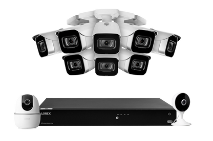 Lorex Fusion 4K (16 Camera Capable) 4TB Wired NVR System with 8 White IP Bullet Cameras, One 2K Pan-Tilt Indoor Wi-Fi Camera and One 2K Indoor Wi-Fi Camera