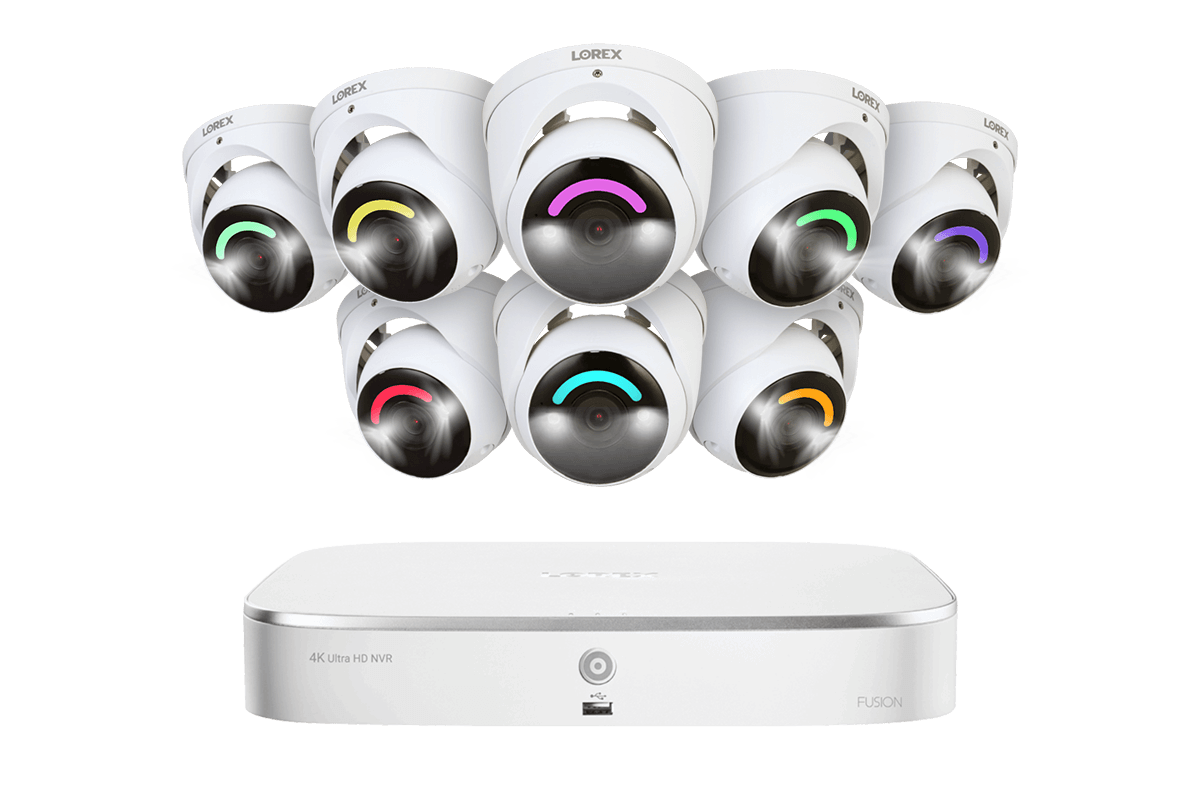 Lorex Fusion 4K 16 Camera Capable (8 Wired and 8 Wi-Fi) 2TB Wired NVR System with Dome Cameras Featuring Smart Security Lighting - Eight Cameras