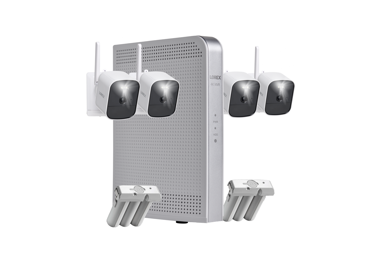 Lorex 4K NVR System with 4 White Battery-Operated Cameras with 2 Rechargeable Batteries