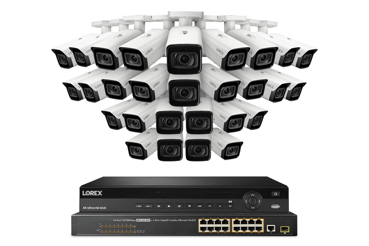 Lorex 4K 32-Channel 8TB Wired NVR System with Nocturnal 4 Smart IP Bullet Cameras Featuring Motorized Varifocal Lens, Vandal Resistant and 30FPS Recording