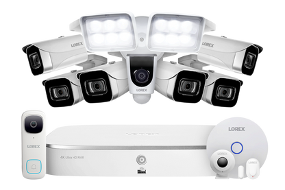 8-Channel NVR Fusion System with Six 4K (8MP) IP Cameras, 2K Wi-Fi Video Doorbell, Wi-Fi Floodlight Camera and Smart Sensor Starter Kit