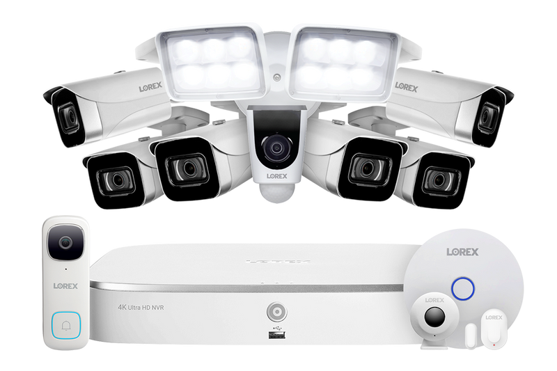 8-Channel NVR Fusion System with Six 4K (8MP) IP Cameras, 2K Wi-Fi Video Doorbell, Wi-Fi Floodlight Camera and Smart Sensor Starter Kit