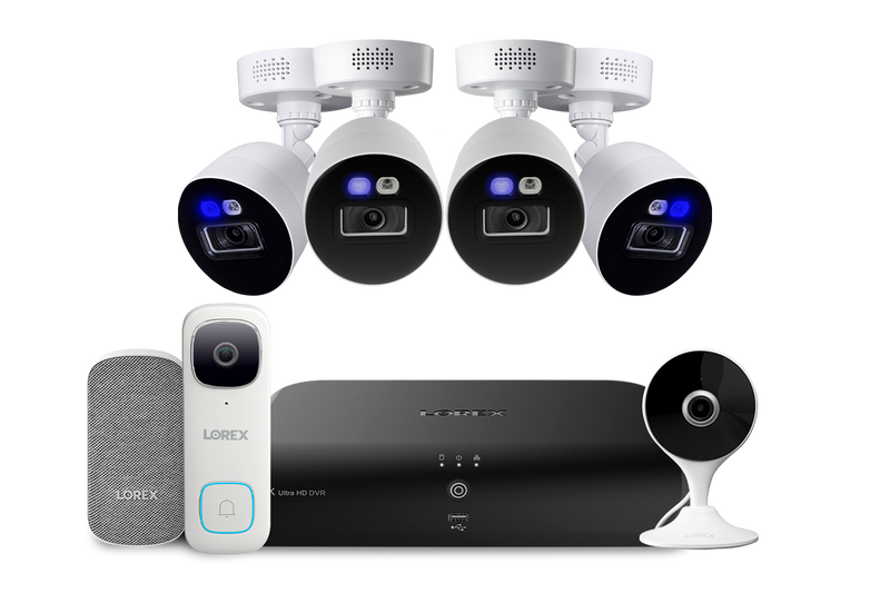 Lorex Fusion 4K 12-Camera Capable (8 Wired + 4 Fusion Wi-Fi)  2TB Wired DVR System with 4 Smart Deterrence Cameras, 2K Indoor Wi-Fi Camera, 2K Wired Video Doorbell and Wi-Fi Chimebox
