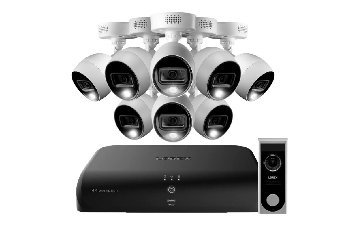 Lorex 4K 8-Channel 2TB Wired DVR System with 8 Active Deterrence Cameras and 1080p Wi-Fi Doorbell