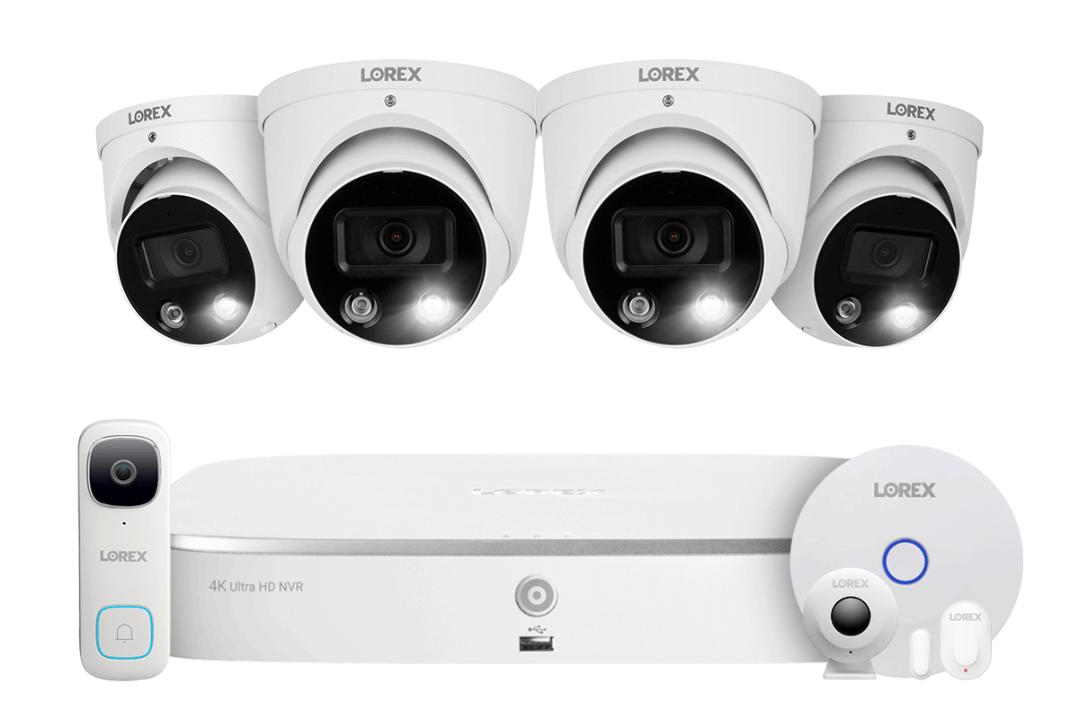 Lorex Fusion 4K 16 Camera Capable (8 Wired + 8 Wi-Fi) 2TB NVR System with 4 Active Deterrence Dome Cameras, 2K Wired Doorbell and Sensor Kit