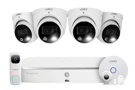 Lorex Fusion 4K 16 Camera Capable (8 Wired + 8 Wi-Fi) 2TB NVR System with 4 Active Deterrence Dome Cameras, 2K Wired Doorbell and Sensor Kit