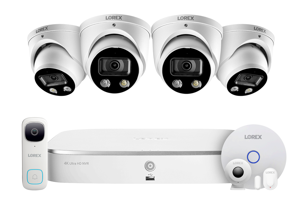 8-Channel NVR Fusion System with Four 4K HD Smart Deterrence IP Dome Camera, 2K Wi-Fi Video Doorbell, and Smart Sensor Starter Kit