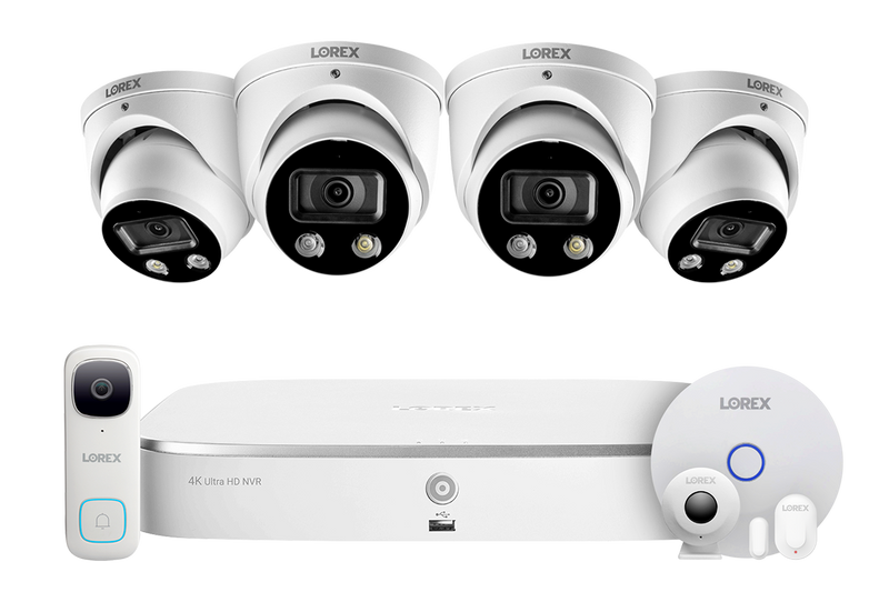 8-Channel NVR Fusion System with Four 4K HD Smart Deterrence IP Dome Camera, 2K Wi-Fi Video Doorbell, and Smart Sensor Starter Kit
