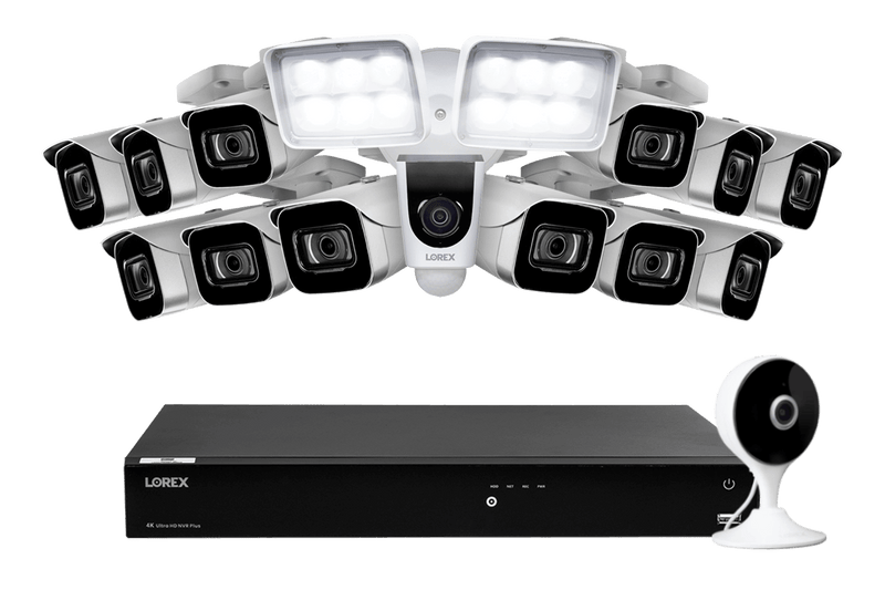 Lorex Fusion 4K 16-Channel 3TB Wired NVR System with 12 Cameras + 2K Indoor Wi-Fi Security Camera and Wi-Fi Floodlight Camera