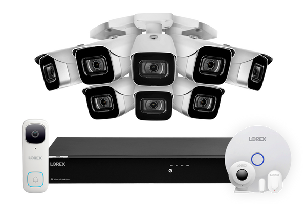 Lorex Fusion 4K (16 Camera Capable) 3TB Wired NVR System with 8 IP Bullet Cameras, One 2K Video Doorbell and Smart Sensor Kit