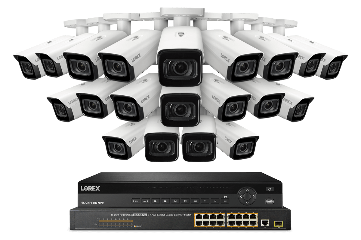 Lorex 4K 32-Channel 8TB Wired NVR System with Nocturnal 4 Smart IP Bullet Cameras Featuring Motorized Varifocal Lens, Vandal Resistant and 30FPS Recording