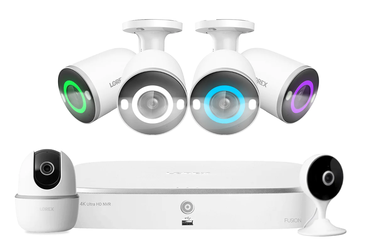 Lorex Fusion 4K 16 Camera Capable (8 Wired + 8 Wi-Fi) 2TB NVR System with 4 Smart Security Lighting Bullet Cameras, One 2K Pan-Tilt Camera and One 2K Indoor Wi-Fi Camera