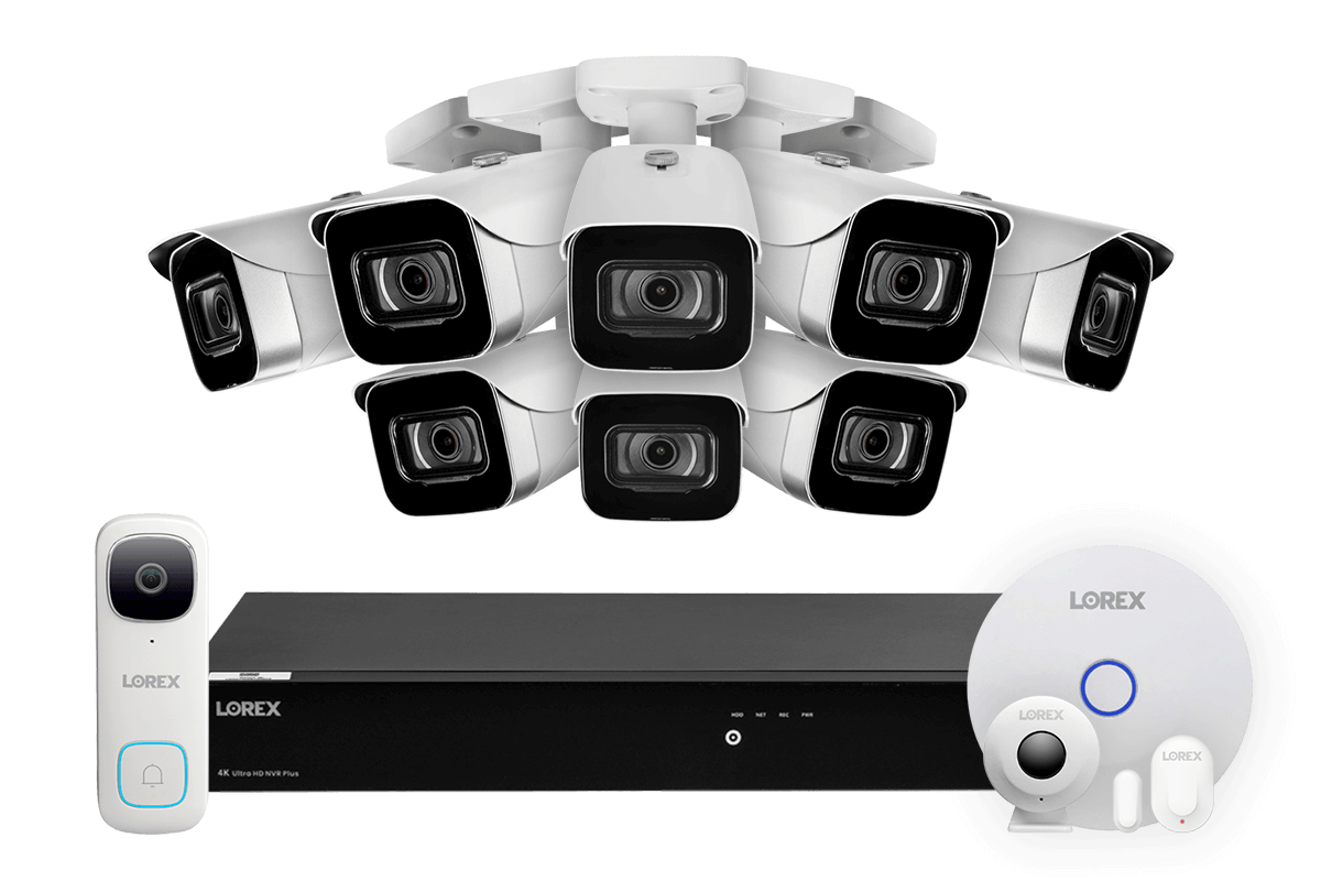 Lorex Fusion 4K 16-Channel 3TB Wired NVR System with 8 Cameras + 2K Wi-Fi Video Doorbell and Smart Sensor Kit