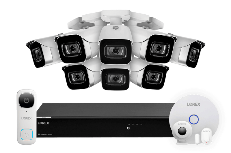 Lorex Fusion 4K 16-Channel 3TB Wired NVR System with 8 Cameras + 2K Wi-Fi Video Doorbell and Smart Sensor Kit