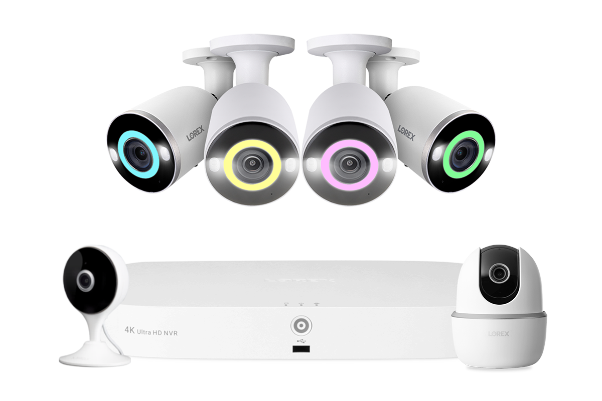 Lorex Fusion 4K 16 Camera Capable (8 Wired + 8 Wi-Fi) 2TB NVR System with 4 Smart Security Lighting Bullet Cameras, One 2K Pan-Tilt Camera, and One 2K Indoor Wi-Fi Camera
