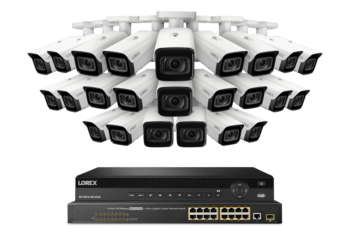 Lorex 4K 32-Channel 8TB Wired NVR System with Nocturnal 4 Smart IP Bullet Cameras Featuring Motorized Varifocal Lens, Vandal Resistant and 30FPS Recording